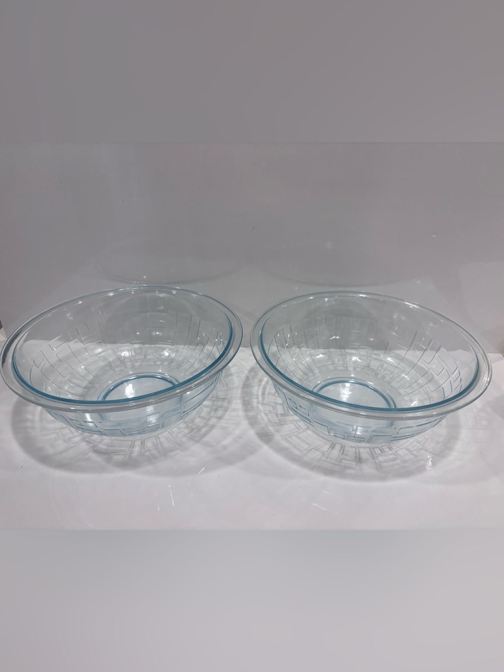 Vintage Pyrex clear blue tint glass mixing bowls geometric pattern set of 2